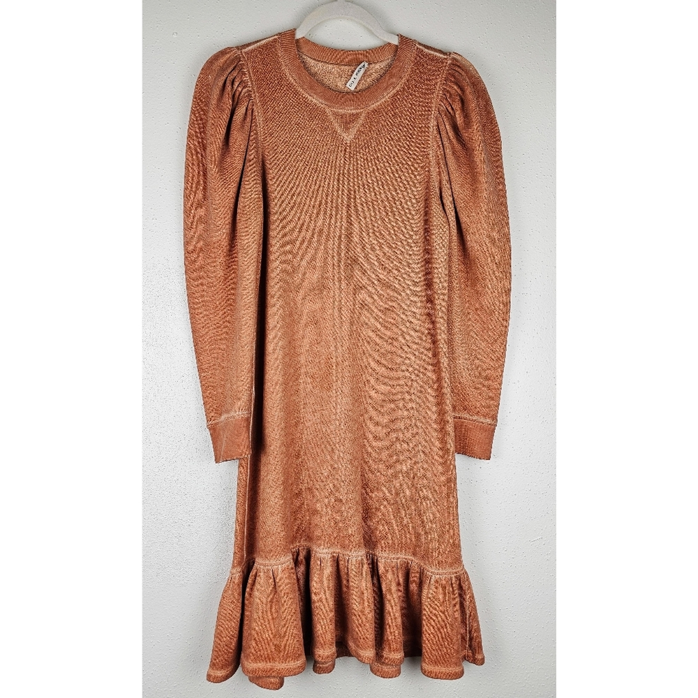 Ulla Johnson puff sleeve ruffle hem knit dress in burnt orange